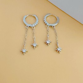 Double Star CZ Chain Dangle Drop Small Hoop Earrings for Women Cartilage Dainty Sterling Silver Post Cubic Zirconia Huggie Hoops Hypoallergenic Hooped Fashion Jewelry Gifts (Silvery)