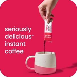 happy instant coffee, medium roast with notes of caramel and glee, 8 packets, single serve, use for hot or iced coffee, sustainably sourced