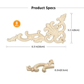 8Pack Wood Appliques and Onlays Decorative Wooden Applique Carved Onlay, 6.3×3.2 inch Corner DIY Carving Decal Trim for Furniture Cabinet Bed Door Wardrobe Closet Mirror Photo Frame Decoration