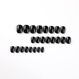 MouYou Press on Nails Short, Squared Oval Plain Black Fake Nails Full Cover Artificial Nails with Nail Glue, Squoval Black Solid Colour Acrylic Artificial Fingernails for Women