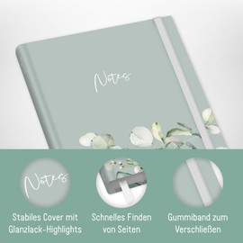 paper&you Notebook A5+ Squared with Elastic Band "Minty Leaves" 156 Pages, 78 Sheets, 100 g/m² Premium Paper, as Journal, Diary, Notebook - Sustainable and Climate Friendly