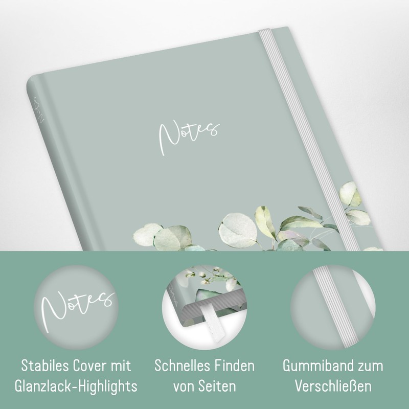 paper&you Notebook A5+ Squared with Elastic Band "Minty Leaves" 156