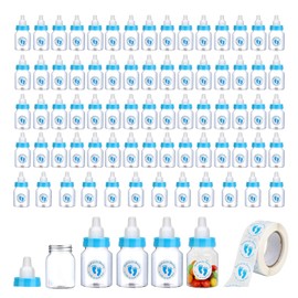 72 piezas de mini botellas de leche de baby shower, regalos para baby shower, mini botellas de plástico blanco, regalos de fiesta, decoración de juegos de fiesta de niño (azul)