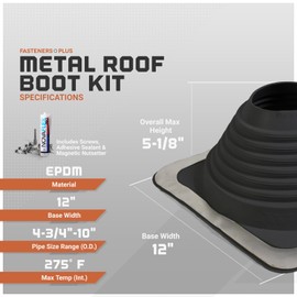 Fasteners Plus #6 Square EPDM Metal Roof Pipe Flashing Boot with Complete Install Kit (Made in USA), Fits 4-3/4” - 10” Pipe OD, Black