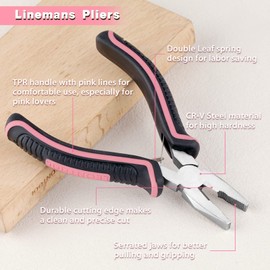 LEONTOOL Mini Linemans Pliers Spring Loaded 5 Inches Wire Cutter with Serrated Jaw Chromium Vanadium Steel Construction Mini Combination Pliers for Jewelry Making, Pink Tool for Women
