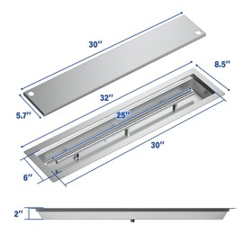 Skyflame Linear Stainless Steel Drop-in Fire Pit Pan and Burner with Burner Cover, 30 by 6-Inch