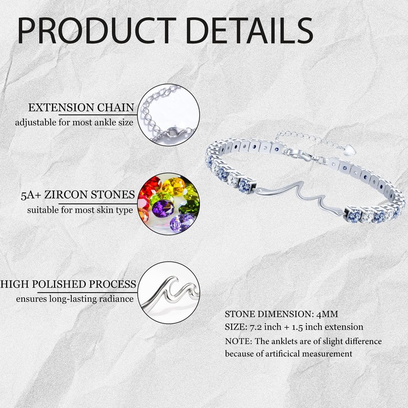 Ankle Bracelet for Women, Dainty Wave Bracelet Cubic Zirconia Ankle