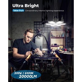 2 Pack Plug in Garage Light - Super Bright 200W 20000LM Linkable LED Shop Light w/ 9.84ft Power Cord, 6500K Daylight, 6+1 Deformable Panels, for Garage, Warehouse, Workbench, Workshop