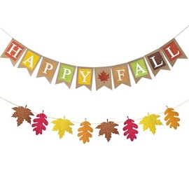 BCCSNNM Happy Fall Burlap Banner Glitter Maple Leaf Paper Banner Pre-Assembled Rustic Bunting Garland Hanging Decorations for Autumn Harvest Thanksgiving Home Office School Party Supplie