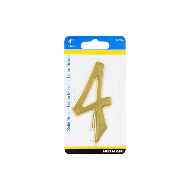 Hillman 847046 4-Inch Nail-On Traditional Solid Brass House Number 4,