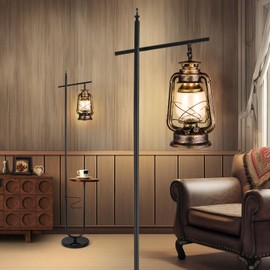 workluurop Vintage Floor Lamp with Table,Classical Lantern Standing Rustic Farmhouse Nightstand Hanging Arc Floor Lamp with Bronze Gold Finish,for Living Room,Bedroom,Reading Room(Bronze)