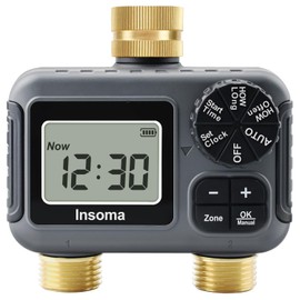 Insoma 2-Zone Water Timer Brass Inlet/Outlet, Programmable Outdoor Hose Faucet Timers with Auto/Manual Modes + Rain Delay, Waterproof Sprinkler Timer for Garden, Lawn, Yard, Pool | Save Water & Money