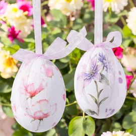 MIJOMA Easter Egg Set 9 Pieces - Decorative Easter Eggs with Bow & Hanger - Shatterproof & Lightweight - Spring & Easter Decoration for Home & Tree (Flower Magic (Pink-Lavender))