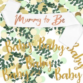 VEGCOO 100 Pcs Baby Shower Confetti & 1pc White Satin Mum to Be Sash, Gold Dots Sage Green Table Scatter Confetti Baby Shower Decorations for Baby Shower/Baby Gender Reveal Jungle Birthday Party