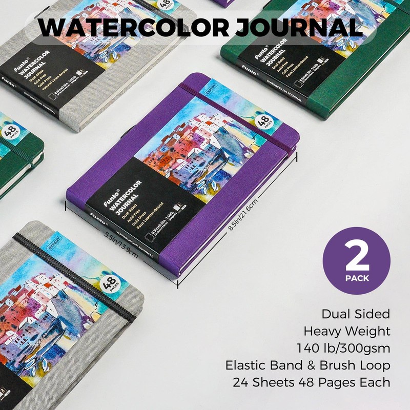 Funto Watercolor Journal, 8.5x5.5", 2 Pack, 48 Pages Each, Purple