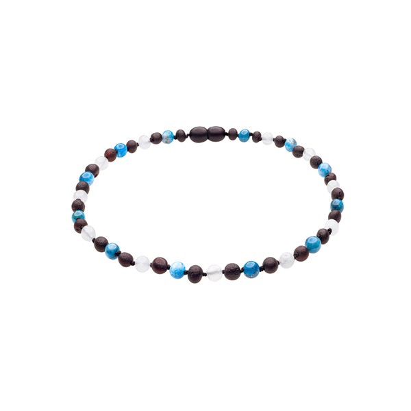 Genuine Amber Necklace From Baltic Sea Made With Unpolished Cherry Apatite & Moonstone 34 cm (13.4 Inches)