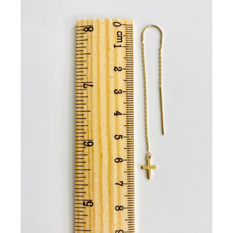 14K Solid Gold Cross Threader Earrings, Dangle Chain Drop, 14K