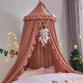 HUOQOU Bed Canopy for Girl Princess Round Dome Children Dreaming Mosquito Net Bed Linen Girls Room Castle Play Tent Hanging House Decor Reading Corner Canopy(Bean Paste Red)