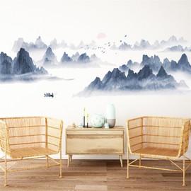 SMAOSTORE Wall Sticker, Chinese Style, Sunset, Water Painting, Landscape, Birds, Boat, Landscape, Stylish, Monotone, Living Room, Bedroom, Room, Sticker, Background, Waterproof, Removable Wall