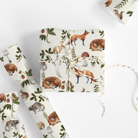 FYSUIMU Woodland Theme Wrapping Paper -Mini Roll- 17 Inch x 32.8 Ft Vintage Forest Animal Mushroom Gift Wrap Paper Art Paper for Birthday Baby Shower DIY Craft