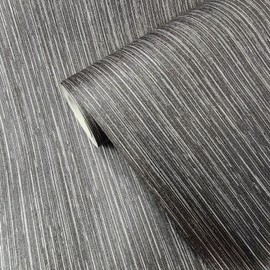 Plain Non-Woven Modern Black Gray Silver Metallic Faux Fabric Lines Wallpaper