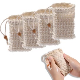 JUJUGO Soap Net, Foaming Net, Soap Net, Set of 4, Natural Material, Cotton Linen, Natural with Drawstring, Economy, Lots of Foam, for Face Washing, Body Soap