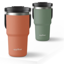 eppikan eppiDuo Stainless Steel Thermal Mug with Straw, Two Drinking Openings for Hot and Cold Drinks - Thermos Flask with Folding Carry Handle for On the Go (Terracotta, 600 ml)