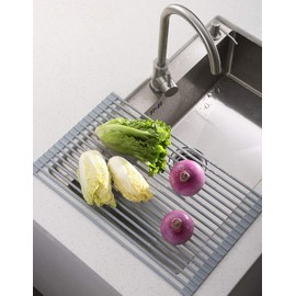 Ahyuan Large Roll up Dish Drying Rack 20.5'' Silicone Over Sink Dish Drying Rack Cubic Silicone Wrapped Steel Solid Bars Dish Racks for Kitchen Counter Sink Drying Rack (Warm Grey, Large20.5 Lx13 W)