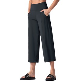 THE GYM PEOPLE Bootleg Yoga Capris Pants for Women Tummy Control High Waist Workout Flare Crop Pants with Pockets (Charcoal Grey, Large)