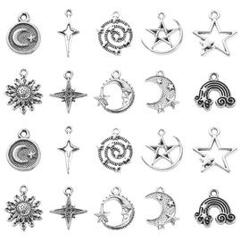 Ornazy 100pcs 10 Styles Antique Silver Rainbow Star Moon Charms for Jewelry Making Celestial Bracelet Charms for DIY Crafts Necklace Earrings Making