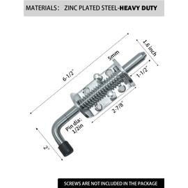 Quality Life Spring Loaded Gate Latch Pin Barrel Bolt 6in x 1/2in Stem Durable Zinc Plated Solid Steel Heavy Duty for Tailgate - 2pcs