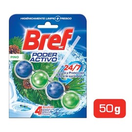 Bref WC Poder Activo Pino Canastilla limpiadora y aromatizante para inodoros, Explosión de fragancia, 4 Beneficios, 50g