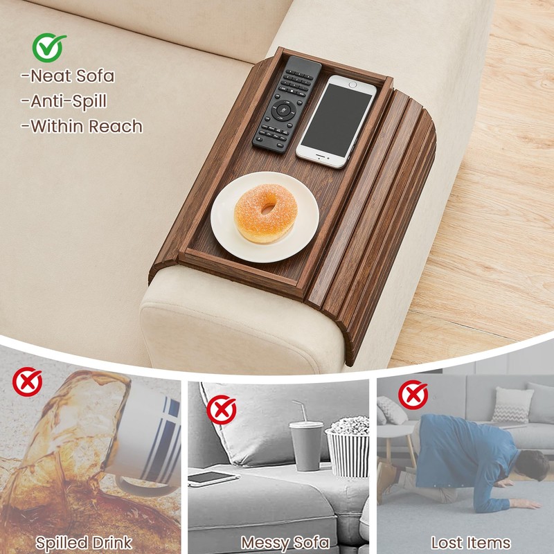 GEHE Bamboo Sofa Arm Tray, Foldable Couch Arm Tray Side