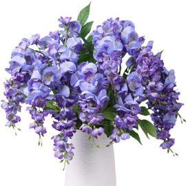HyeFlora Faux Flowers for Spring, 2Pcs Fake Wisteria Hanging Flowers Decoration, Violet Silk Wisteria UV & Fading Resistant Indoor Decoration for Office, Hotel, Bedroom Kitchen Living Room