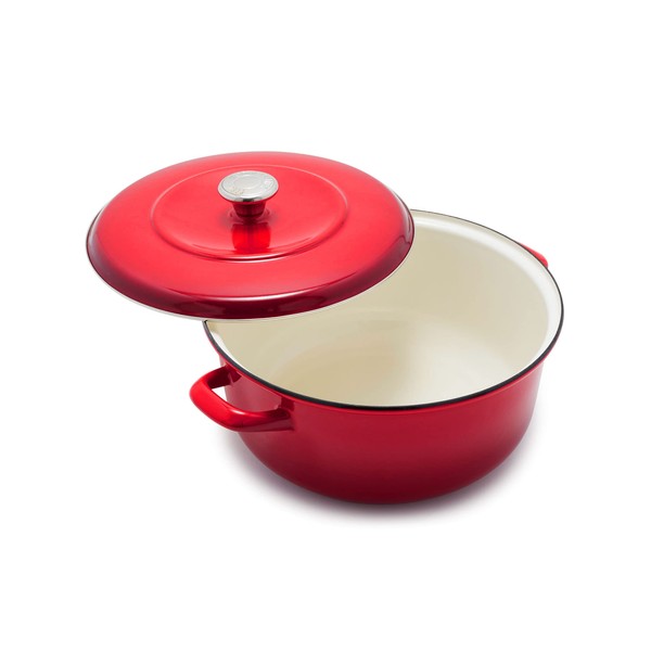 Merten & Storck European Crafted Enameled Iron, Round 7QT Dutch Oven Casserole with Lid, Lava Red