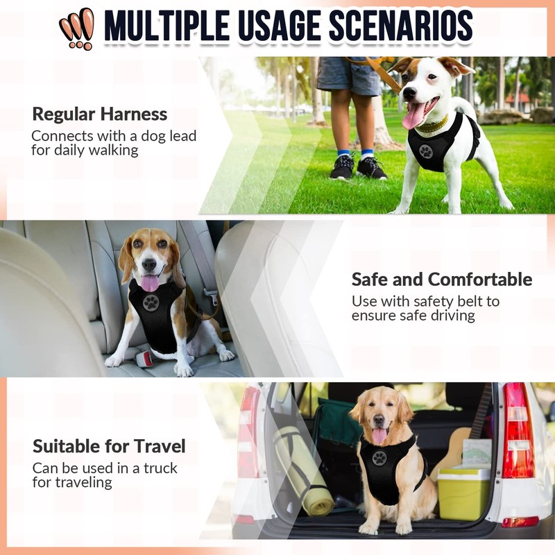SlowTon Dog Car Vest Harness Multifunction Adjustable Double-Ring Breathable Mesh