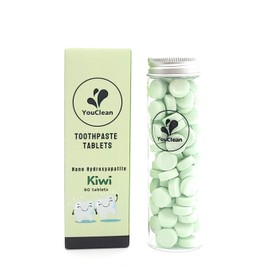 YouClean 90 Toothpaste Tablets in Refill/Recycle Glass Tube - for Travel and Daily Home Office Use - Nano Hydroxyapatite, Fluoride-Free, Vegan (Kiwi)