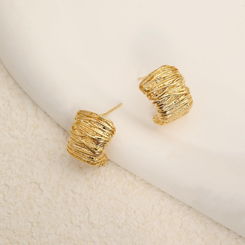 Textured C-Shaped Stud Earrings for Women, Gold-Plated, Hypoallergenic