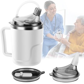 AKIMRABY Adult Sippy Cup, 14oz Spill Proof Cup with Straw for Elderly, 3 in 1 Stainless Steel Sippy Cup with 2 Lids, No Spill Feeding Cups for Patient Disabled Maternity Drink Water Milk Soup - White
