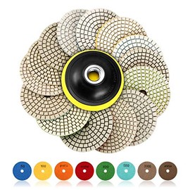 SPTA 15pcs Diamond Wet Polishing Pads polisher wheel disc, 4 inch Pads for Granite Stone Concrete Marble Floor Grinder or Polisher, 50#-6000# Hook & Loop Backing Holder Disc For Wet Polisher&Grinder