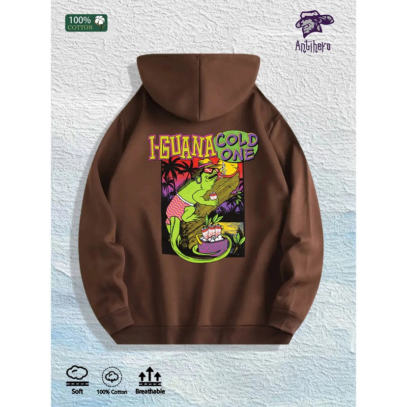 Iguana Cold One Tropical Graphic Hoodie 100% Cotton US Warehouse