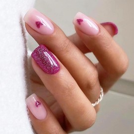 Valentine's Day Press on Nails Medium Square Fake Nails with Heart Designs Glitter Nails Press ons Glossy Glue on Nails Pink False Nails Valentines Stick on Nails for Women 24Pcs