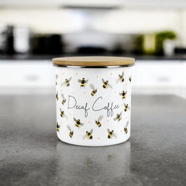 Purely Home Scattered Bees Decaf Coffee Canister - White Metal Enamel Kitchen Medium Sized Food Storage Container
