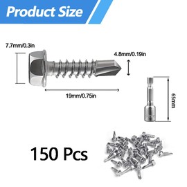 150 PCS M4.8x19mm Self Drilling Hex Head Screws, Hex Head Self Tappingg Screws with Hex Socket,410 Stainless Steel Hex Screws for Metal, Ventilation Pipes Plasterboard and Metal Rails