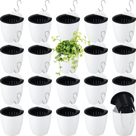 Yungyan 20 Sets 5" Self Watering Hanging Planter White Lazy Flower Pots Plastic Wall Propagation Window Wall Mount Planter with Hooks and Absorbent Cotton Ropes for Indoor Succulent Plants