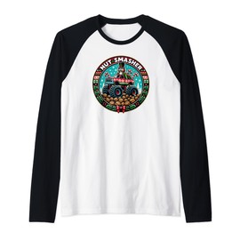 Nutcracker Monster Truck Christmas Nut Smasher Xmas Lights Raglan Baseball Tee
