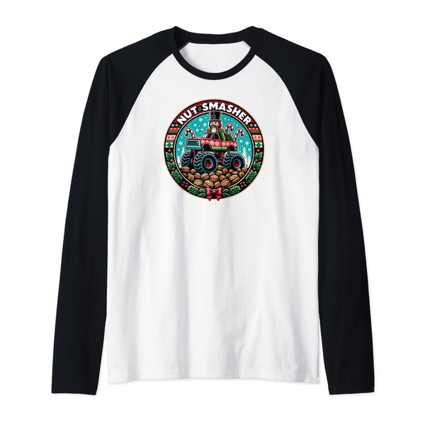 Nutcracker Monster Truck Christmas Nut Smasher Xmas Lights Raglan Baseball