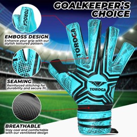 TOROGA Football Goalkeeper Gloves For Boys, Kids Children Youth Soccer Goalie Gloves with 4mm Latex Finger Spine Protection (Black Flat Cut, 6 - For 13-15 Years, Ambidextrous)