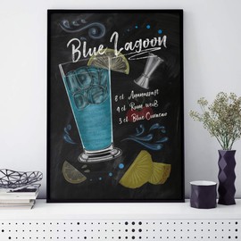 JUNIWORDS Poster with/without Wooden Frame - Choose a Motif - Cocktail Blue Lagoon - Choose a Size - 21 x 30 cm (S) with Natural Frame