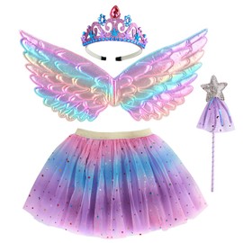 M MUNCASO Girls Fairy Costume Tutu Fairy Set Fancy Dress Up Angel Costume Sets Kids Princess Dress Tulle Tutu Skirt Set with Angel Wings, Magic Wand, Crown Headband Set for 3-8 Years Girls (Purple)